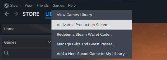 Steam client showing the Games menu open with 'Activate a Product on Steam…' highlighted.