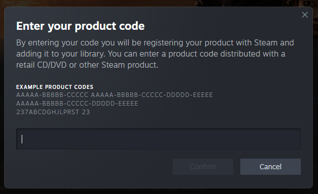 Steam Product Activation dialog with a Product Code input field.